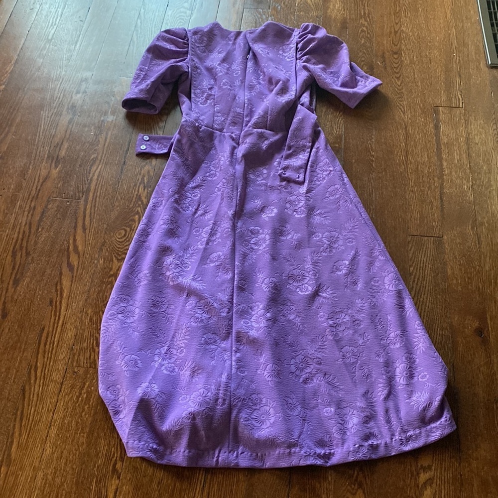 Purple Textured Jacquard Maxi Dress Puff Sleeve Fit Flare Vintage Style - Picture 6 of 6